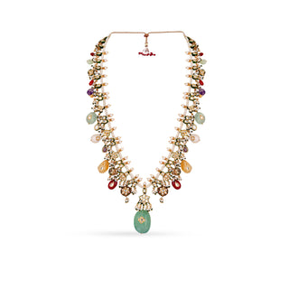 Gold plated silver mix base metal kundan necklace and earrings set with real pearls and Fluorite, Rose Quartz, Citrine, Amethyst and Baroque pearls . The set has hand-painted meenakari work at the back of the set.