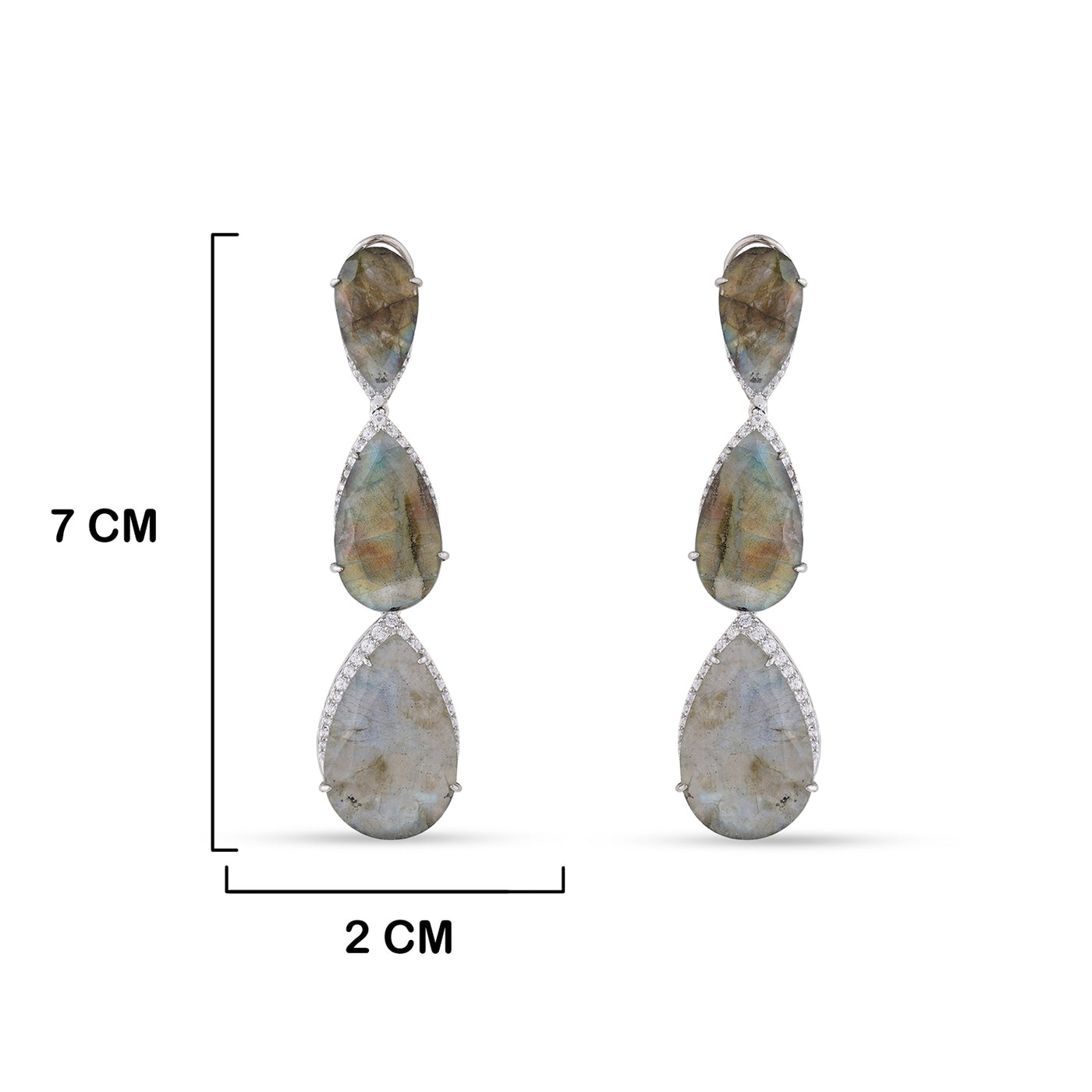 Labradorite Stoned CZ Dangle Earrings with measurements in cm. 7cm by 2cm.