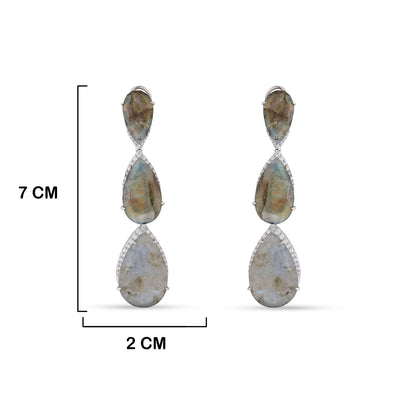 Labradorite Stoned CZ Dangle Earrings with measurements in cm. 7cm by 2cm.