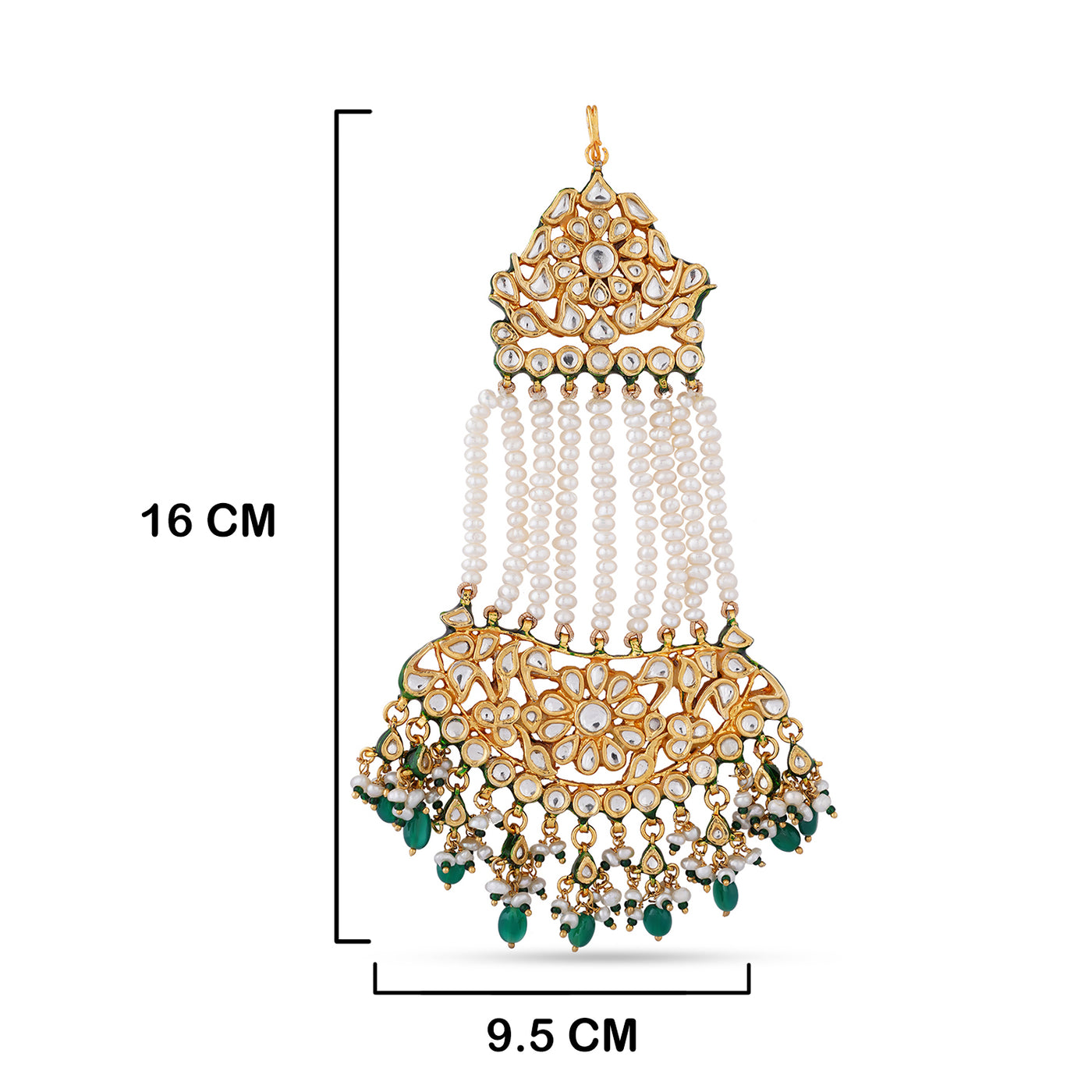 Green Bead and Pearl Kundan Jhumar with measurements in cm. 16cm by 9.5cm.
