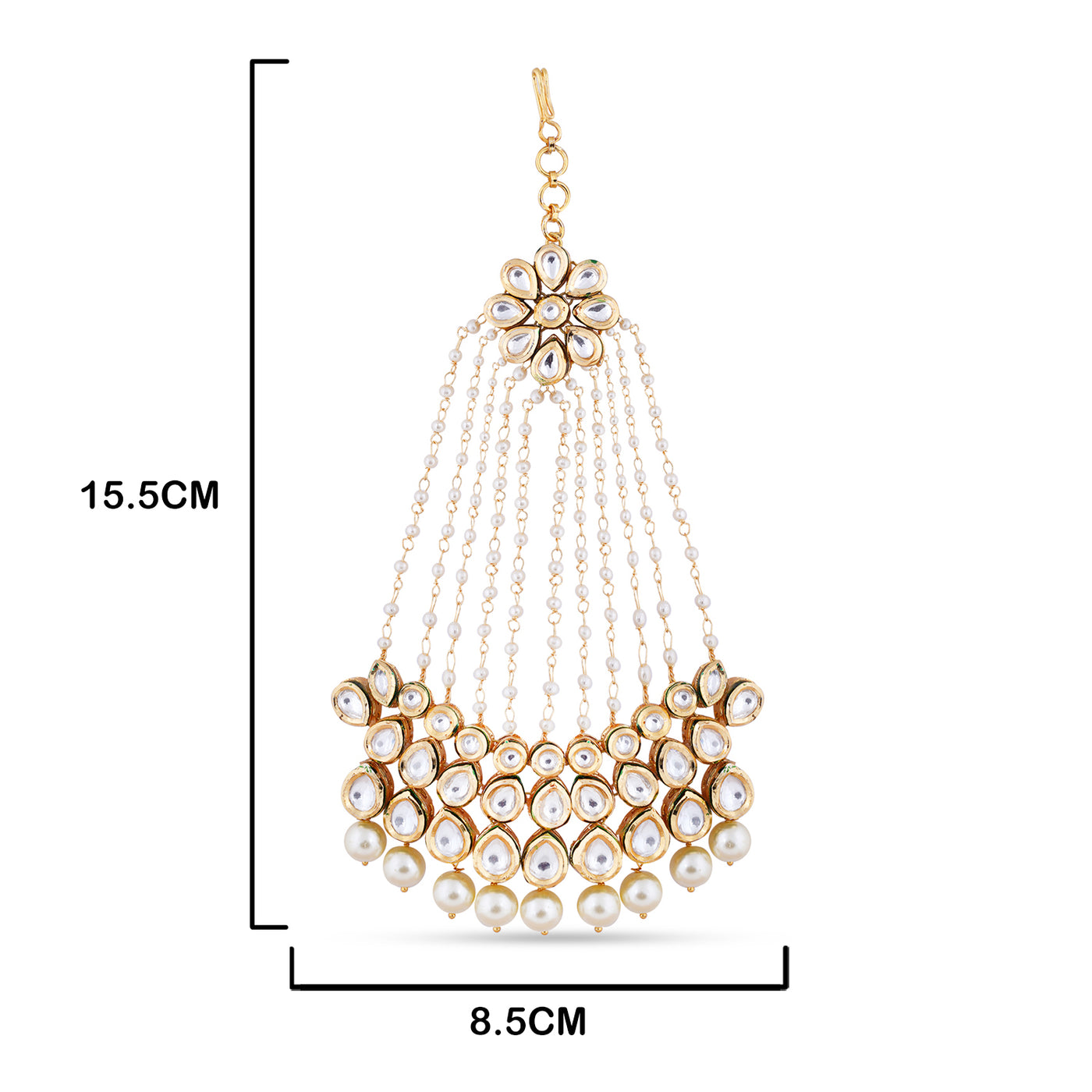  Pearl Stranded Polki Jhumar with measurements in cm. 15.5cm by 8.5cm.