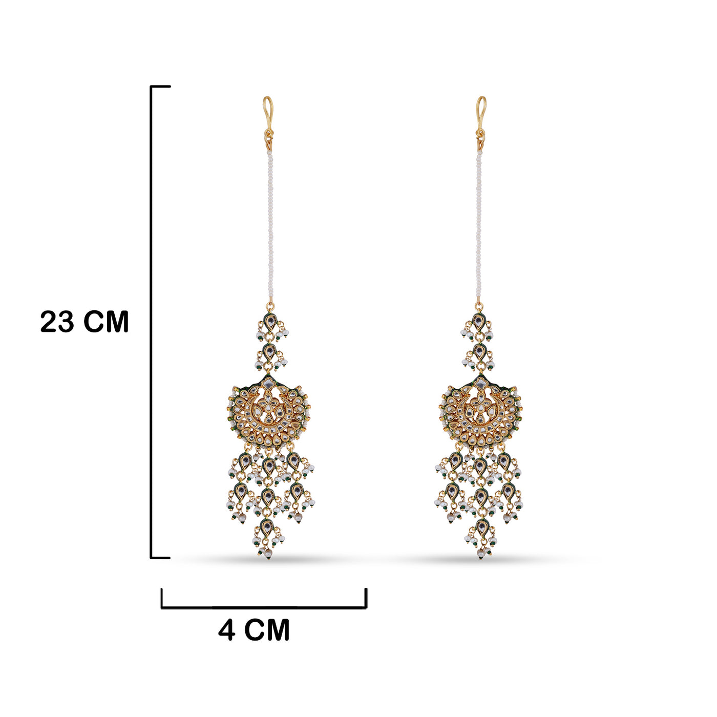 Meenakari Kundan Long Earrings with measurements in cm. 23cm by 4cm.