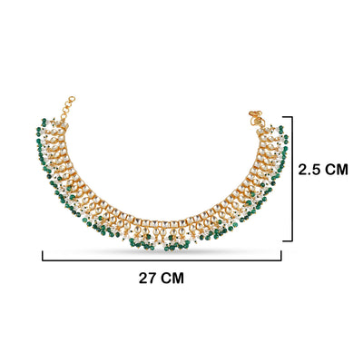 Emerald Coloured Bead Kundan Anklets with measurements in cm. 27cm by 2.5cm.
