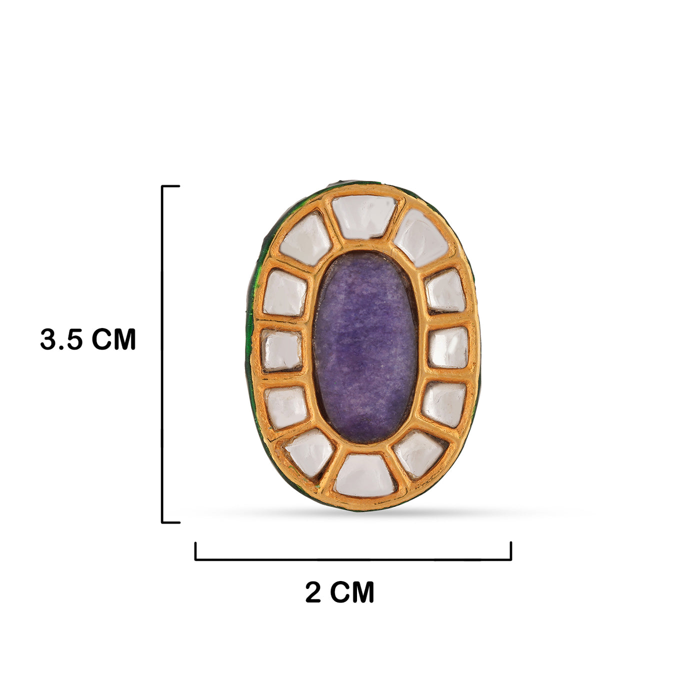  Purple Centred Kundan Ring with measurements in cm. 3.5cm by 2cm.