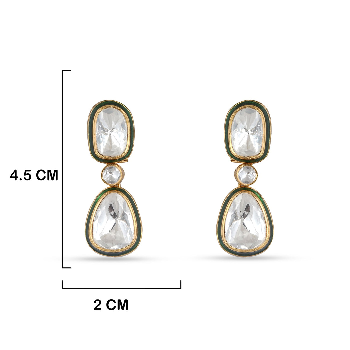 Double Layer Polki Earrings with measurements in cm. 4.5cm by 2cm.