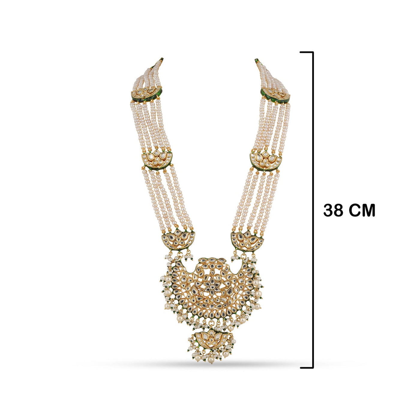 Kundan Pearl Stranded Long Necklace with measurements in cm. 38cm.