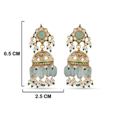 Fluorite Bead Kundan Dangle Earrings with measurements in cm. 6.5cm  by 2.5cm.