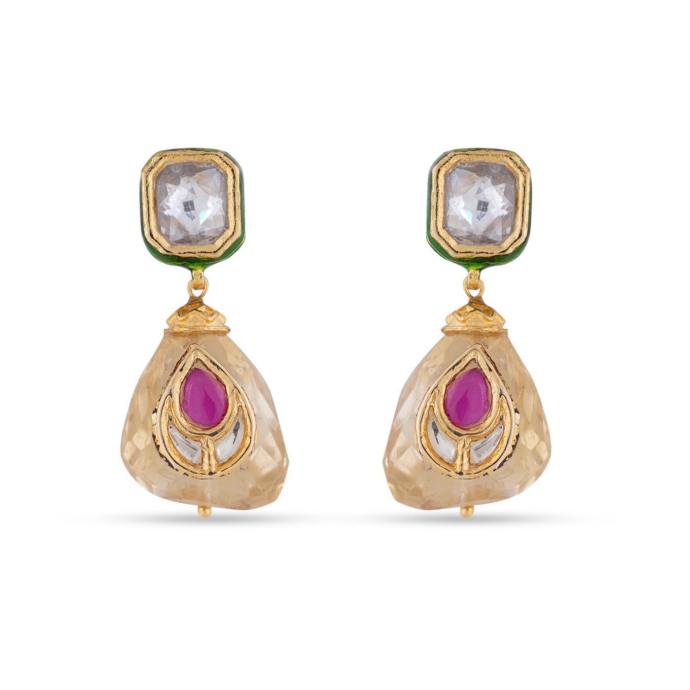 Pink Centred Citrine Drop Earrings