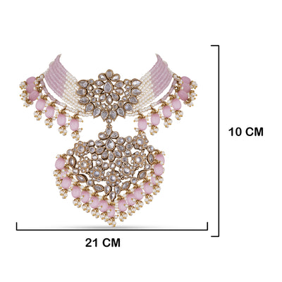 Pink Bead Kundan Choker with measurements in cm. 21 cm by 10cm.