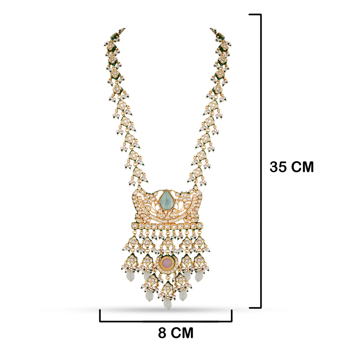 Kundan Long Necklace with measurements in cm. 8cm by 35cm.