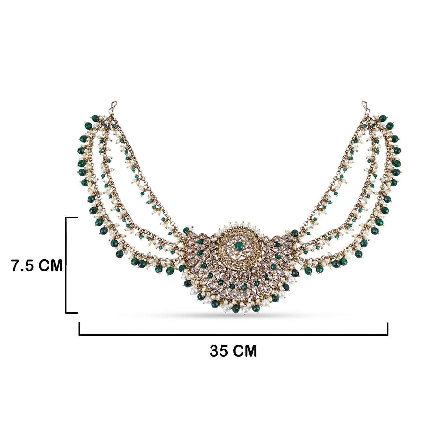  Kundan Green Bead Hair Accessory with measurements in cm. 7.5cm by 35cm.