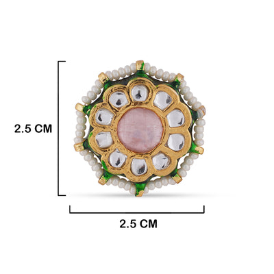 Pink Centred Kundan Ring with measurements in cm. 2.5cm by 2.5cm.