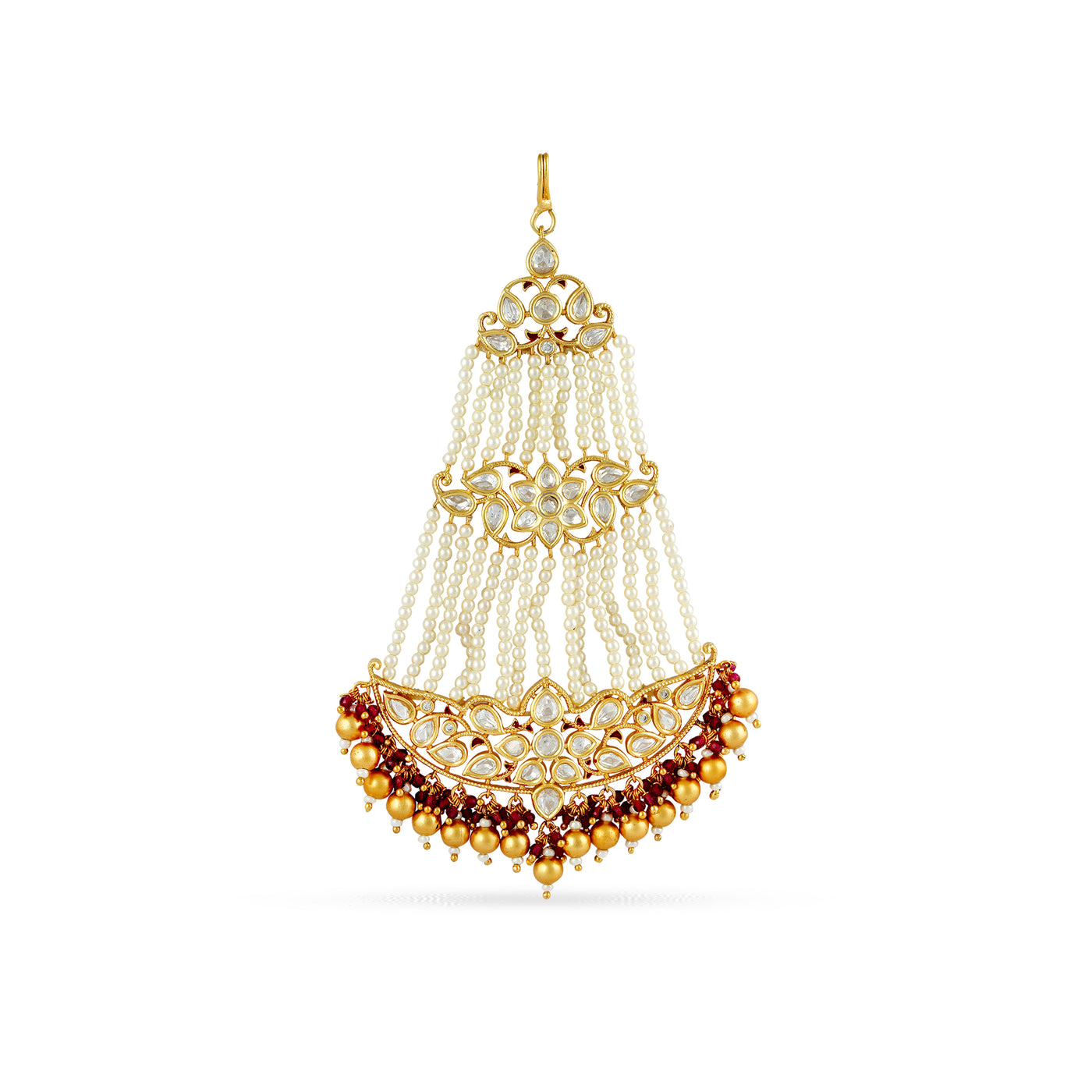 Gold plated jhumar with  faux pearls.