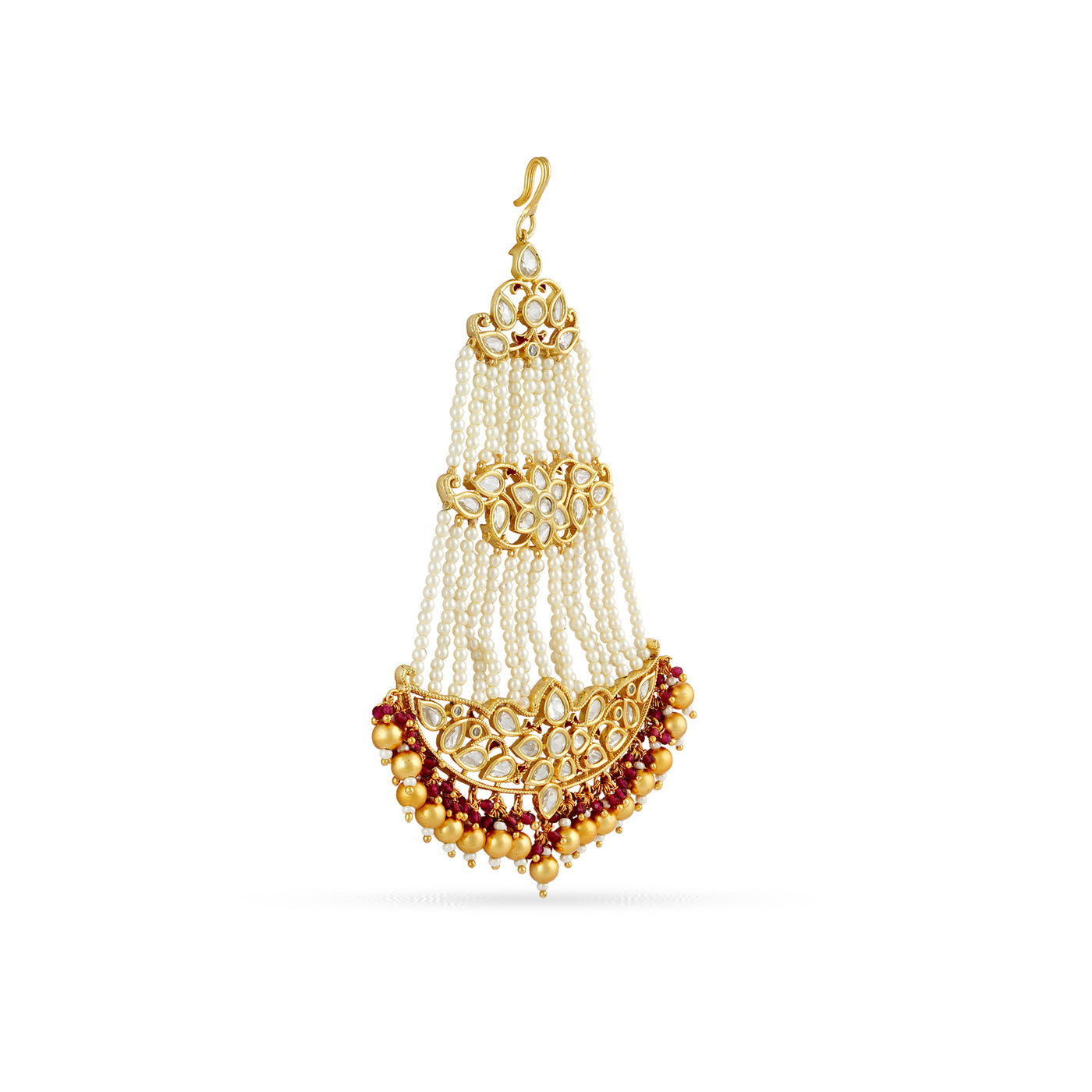 Gold plated jhumar with  faux pearls.