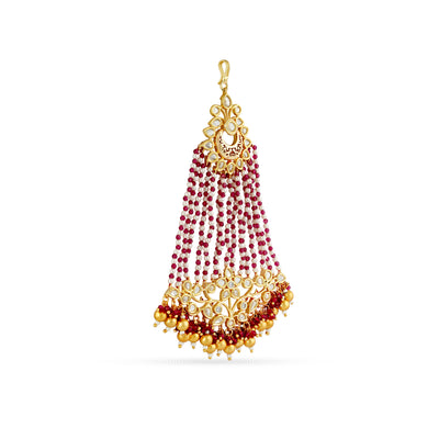Gold plated jhumar with red beads and faux pearls.