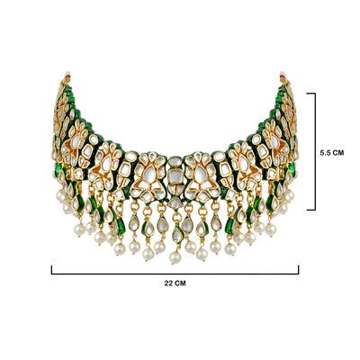 Pearled Green Kundan Choker with measurements in cm. 22cm by 5.5cm.