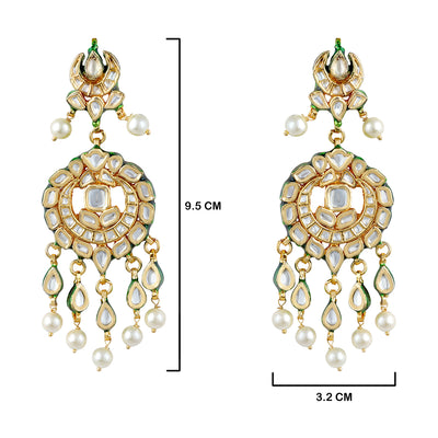 Pearled Green Kundan Earrings with measurements in cm. 9.5cm by 3.2cm.