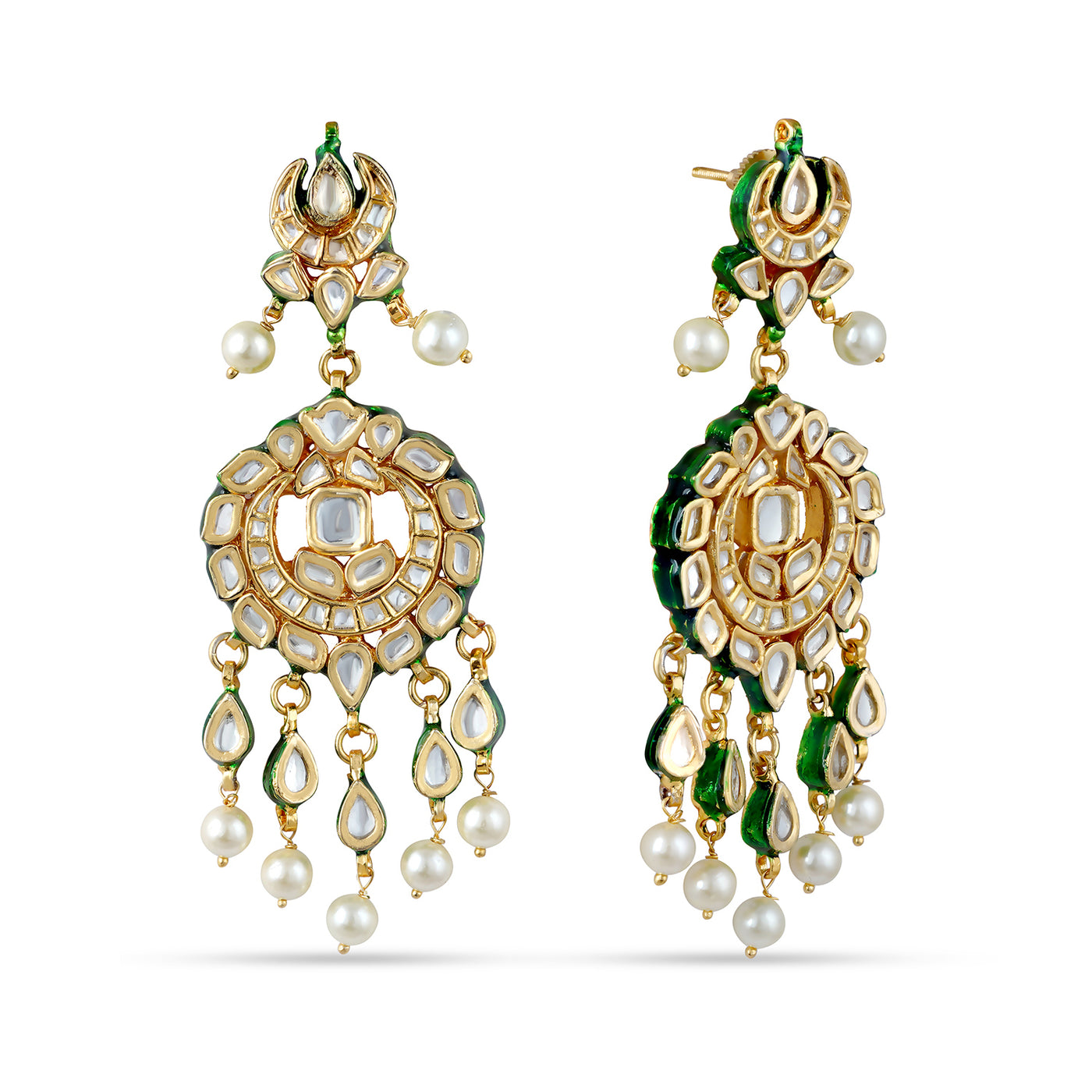 Pearled Green Kundan Earrings. Front and Side View.