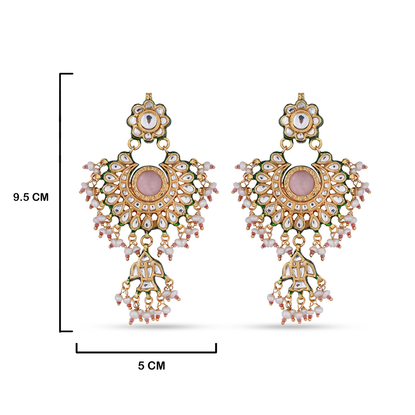 Pink Centred Meenakari Kundan Earrings with measurements in cm. 9.5cm by 5cm.