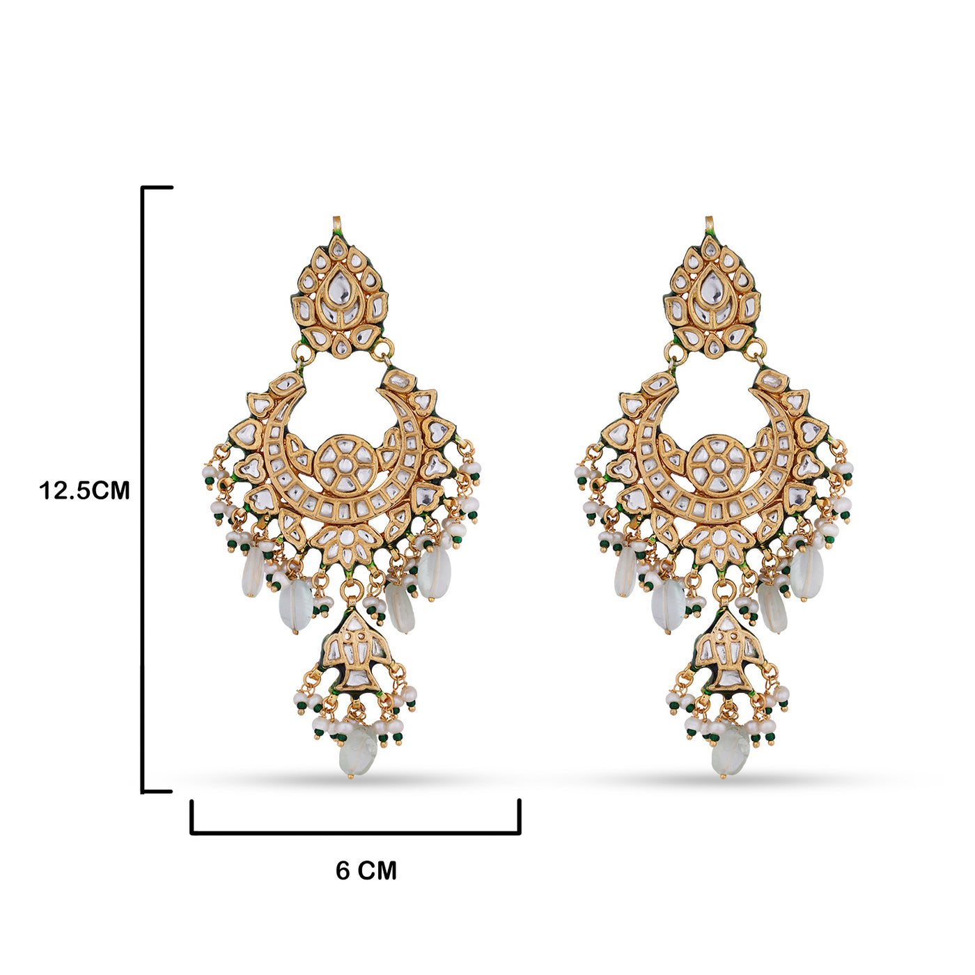 Green and White Bead Kundan Earrings with measurements in cm. 12.5cm by 6cm.