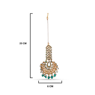 Green Drop Kundan Meenakari Maang Tikka with measurements in cm. 20cm by 6cm. 