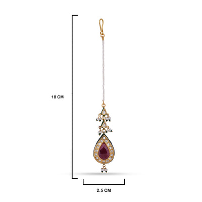 Maroon Stoned Maang Tikka with measurements in cm. 18cm by 2.5cm.