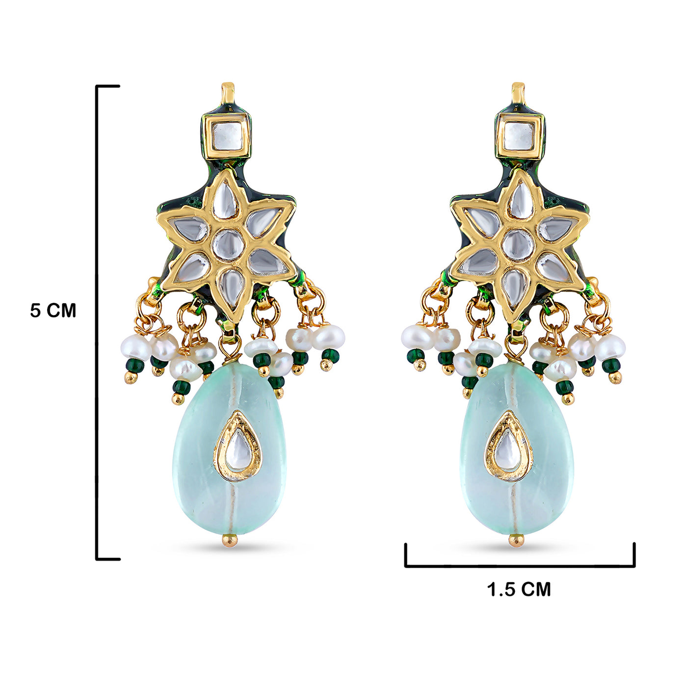 Fluorite Dangle Kundan Earrings with measurements in cm. 5cm in height and 1.5cm in length.