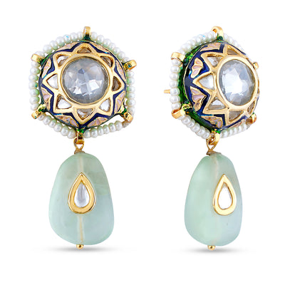 Sun Centred Fluorite Dangle Earrings. Front view and side view showing meenakari work.