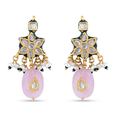 Kundan Pink Drop Star Earrings. Front view. With pearls and meenakari work.