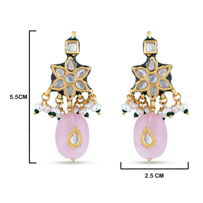 Kundan Pink Drop Star Earrings with measurements in cm. Height is 5.5cm and length is 2.5cm.