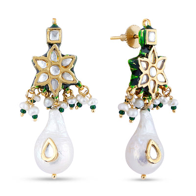White Drop Star Shaped Kundan Earrings. Front View and Side View showing off meenakari work and pearls.