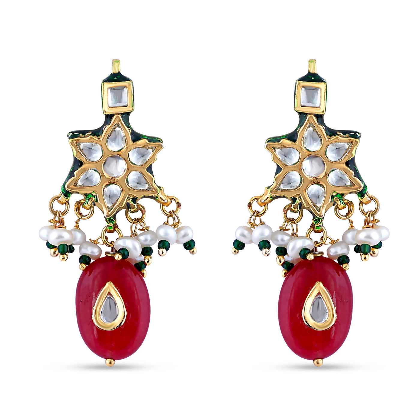Star Shaped Red Drop Kundan Earrings. Front View showing off meenakari work and white pearls.