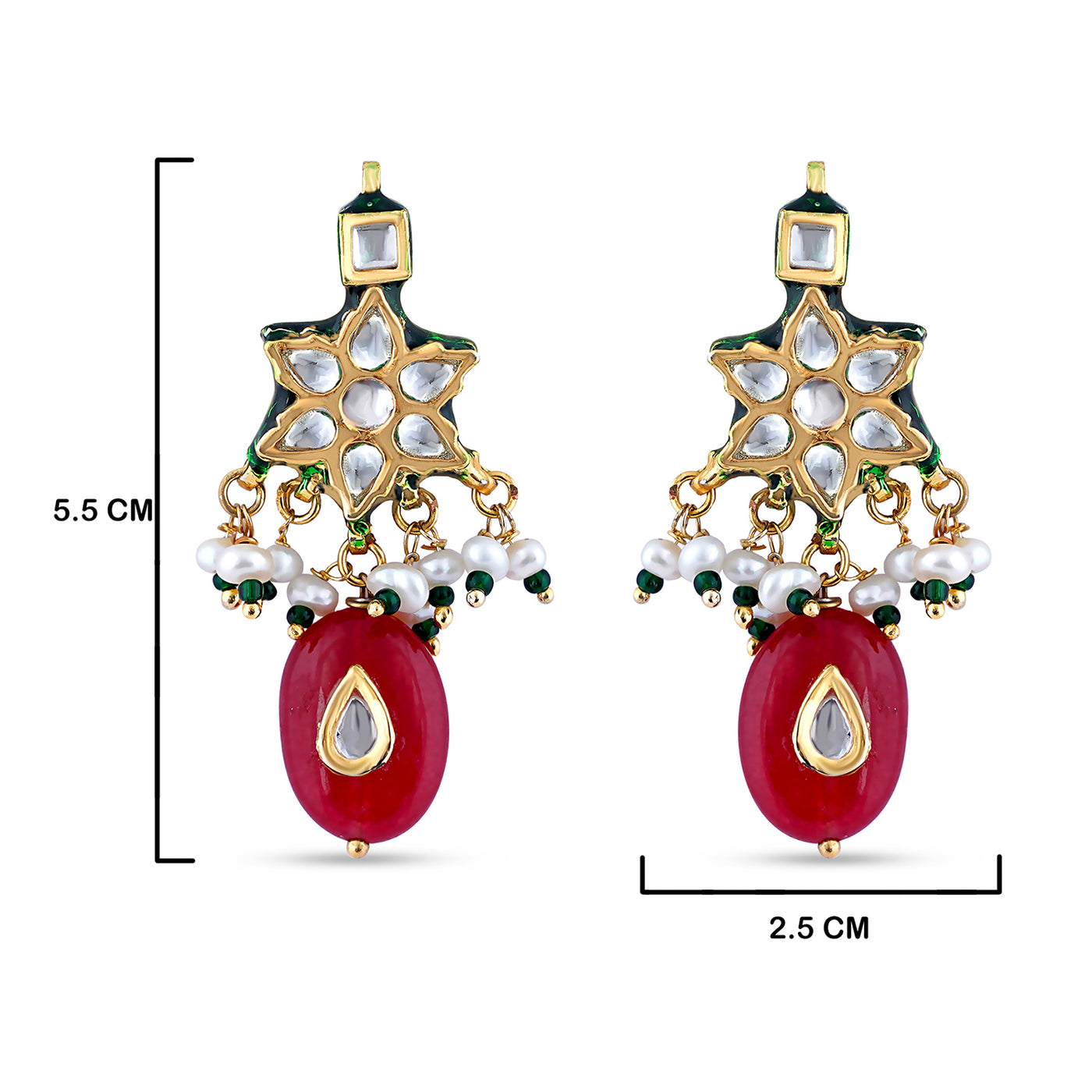 Star Shaped Red Drop Kundan Earrings with Measurements in cm. 5.5cm in height and 2.5cm in length.