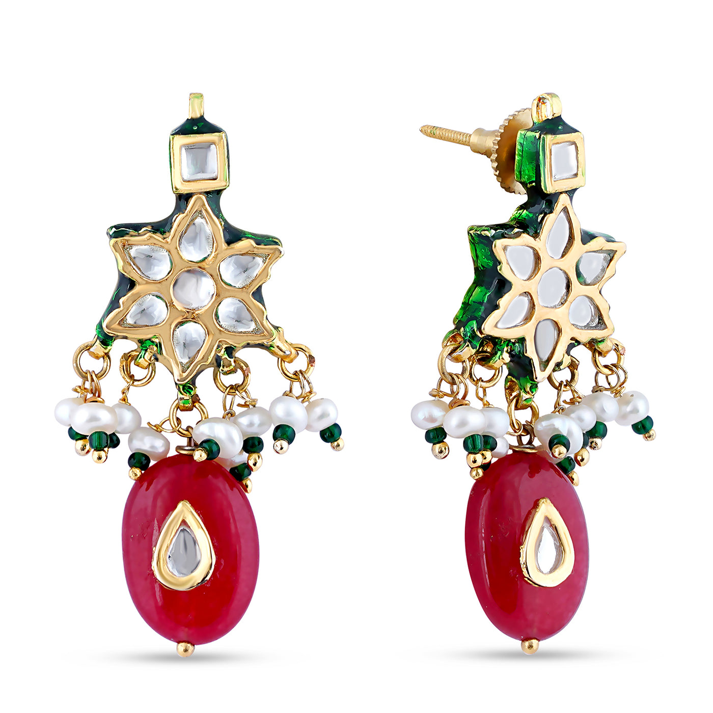 Star Shaped Red Drop Kundan Earrings. Front View and Side View.