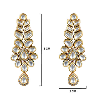 Classic Kundan Drop Earrings with measurements in cm. 8cm by 3cm.