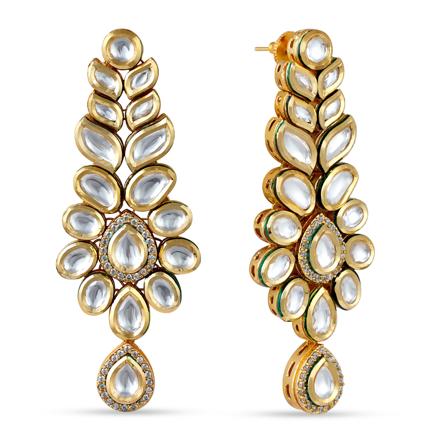 Classic Kundan Drop Earrings. Front View and Side View.