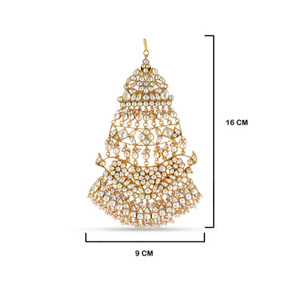 Studded Kundan Maang Tikka with measurements in cm. 16 by 9cm.