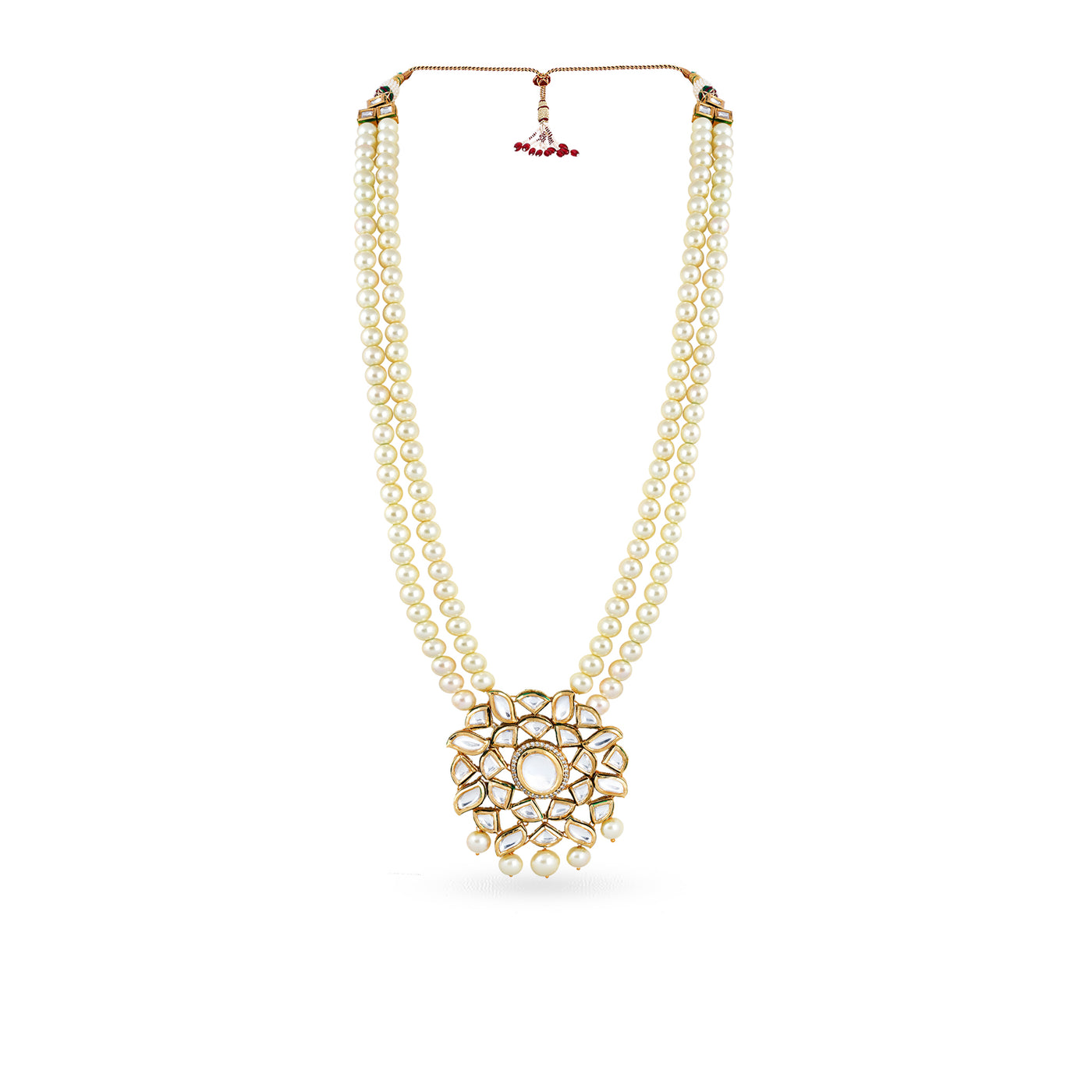 Gold plated long haar with faux pearls and kundan pendant.