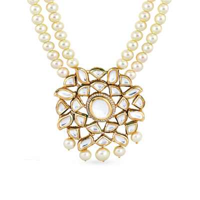 Gold plated long haar with faux pearls and kundan pendant.