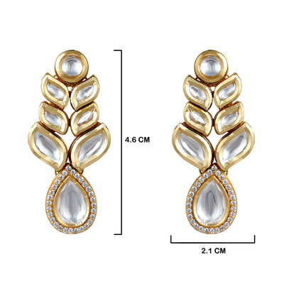 Classic Leaf Shaped Kundan Earrings with measurements in cm. 4.6cm by 2.1cm.