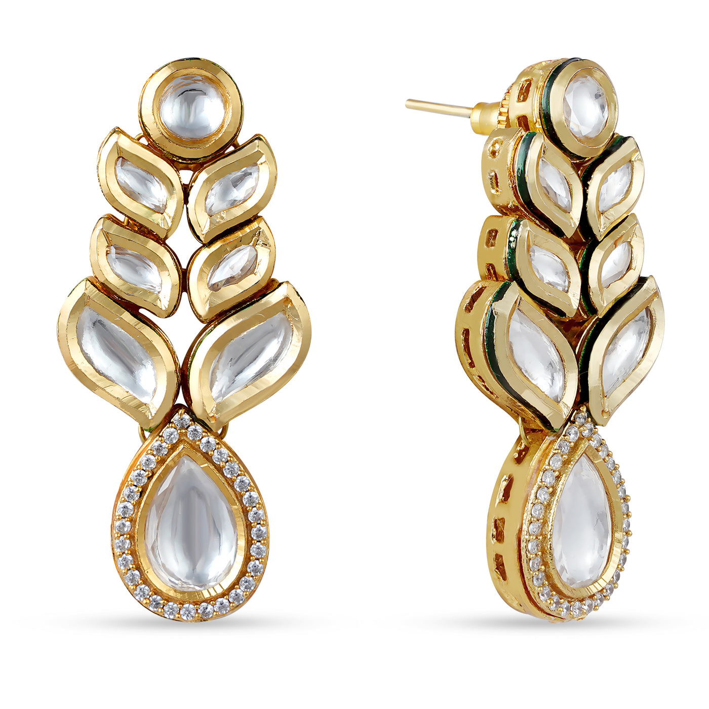 Classic Leaf Shaped Kundan Earrings. Front View and side view.
