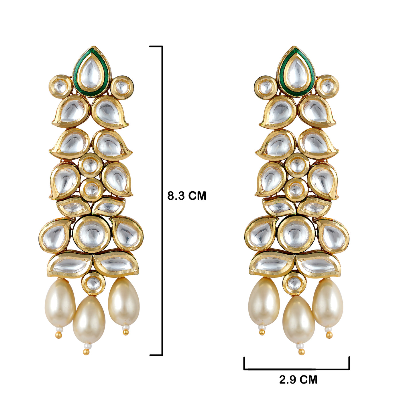 Classic Pearl Drop Kundan Dangle Earrings with measurements in cm. 8.3cm by 2.9cm.
