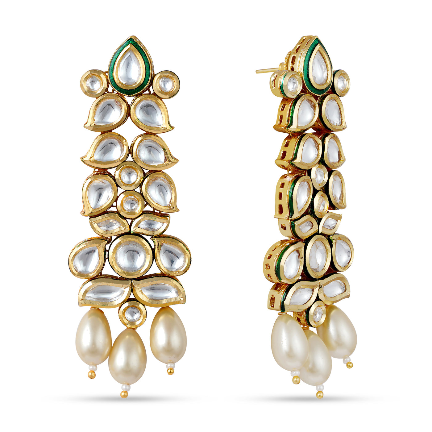 Classic Pearl Drop Kundan Dangle Earrings. Front View and Side View.