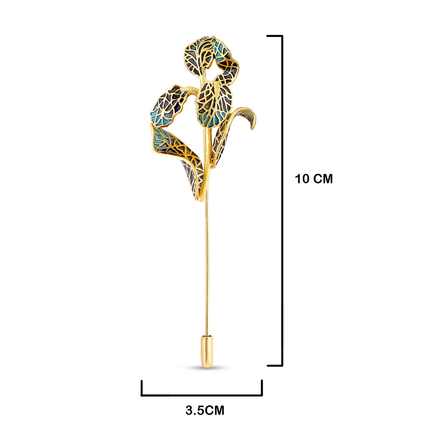 Blue Kundan Leaf Brooch with measurements in cm. 10cm by 3.5cm.