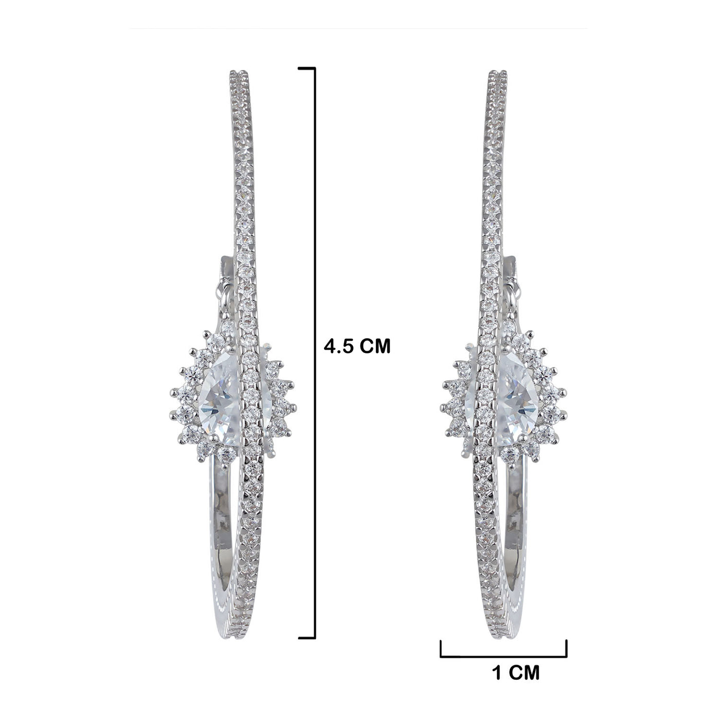 Stone Centred Cubic Zirconia Earrings with measurements in cm. 4.5cm by 1cm.