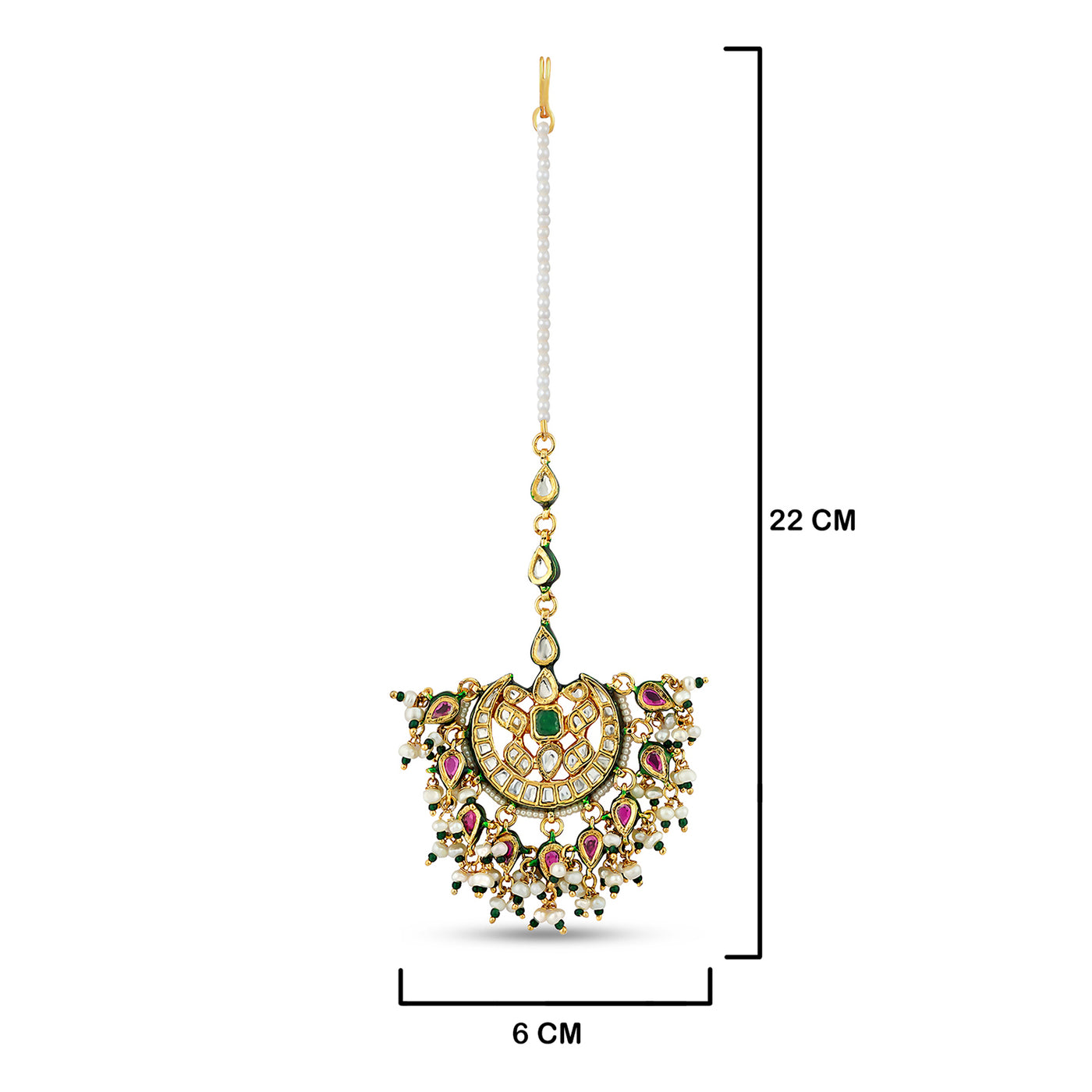 Green and Red Stoned Kundan Maang Tikka with measurements in cm. 22cm by 6cm.