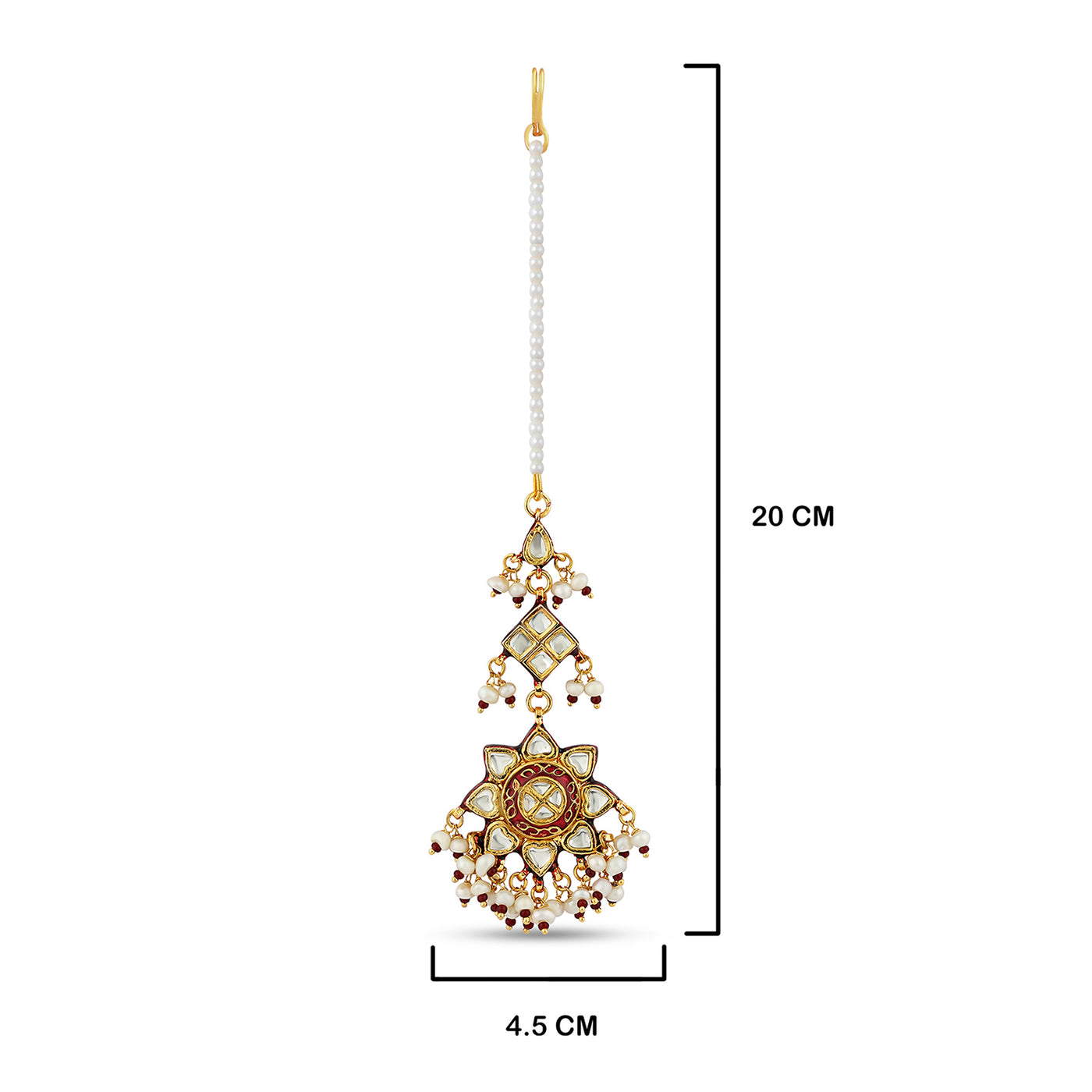 Red Centred Sun Shaped Kundan Maang Tikka with Measurements in cm. 20 by 4.5cm.
