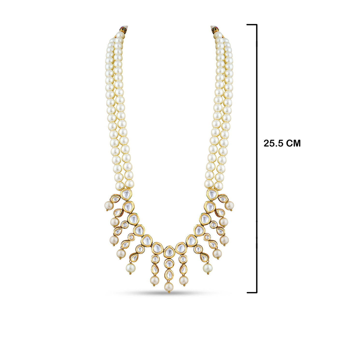 White Pearl Stranded Kundan Necklace with measurements in cm. 25.5cm in length