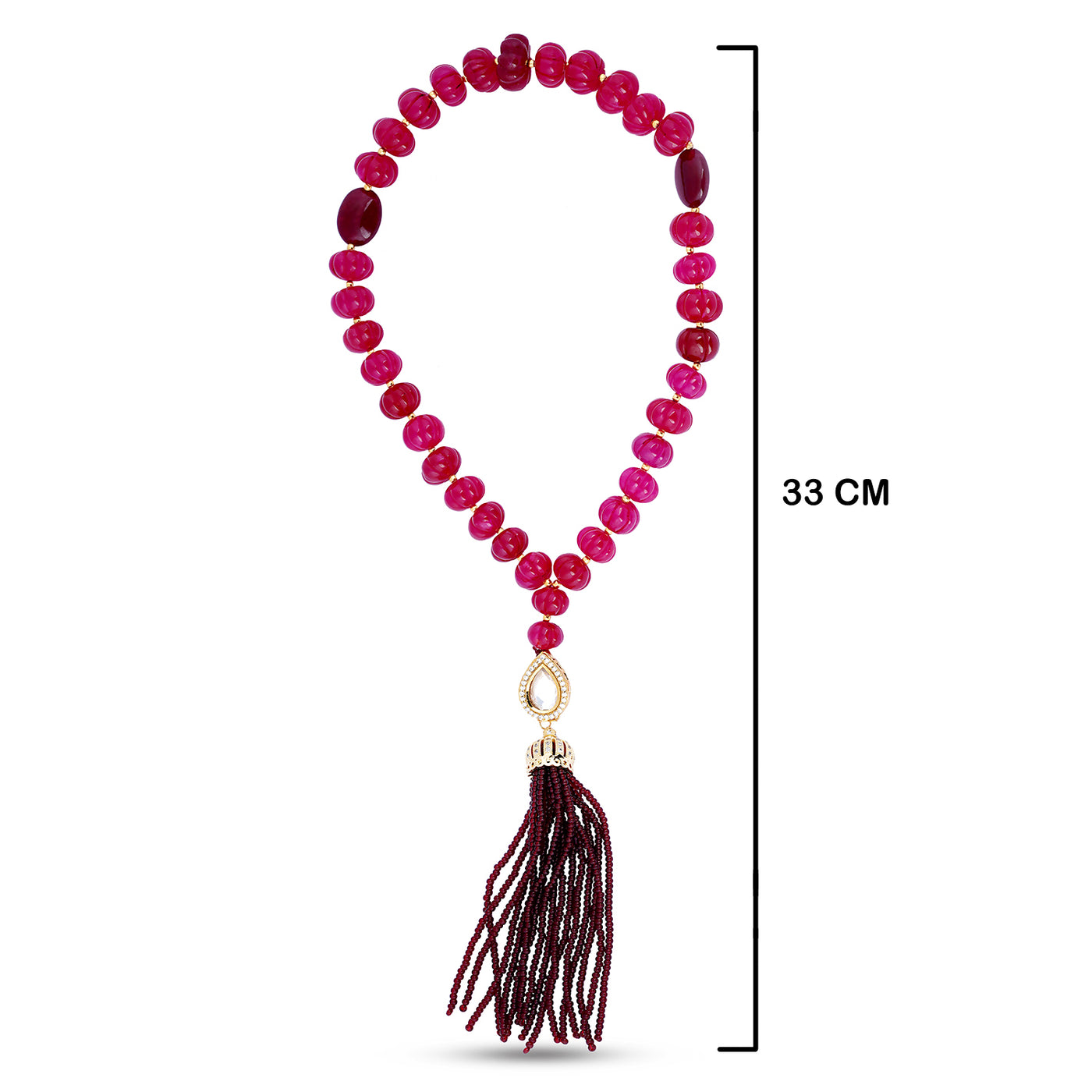 Red Bead Tasbih with measurements in cm. 33cm in length.