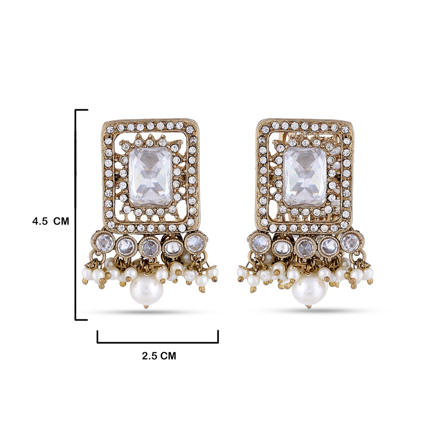  White Stoned Kundan Earrings with measurements in cm. 4.5cm by 2.5cm.